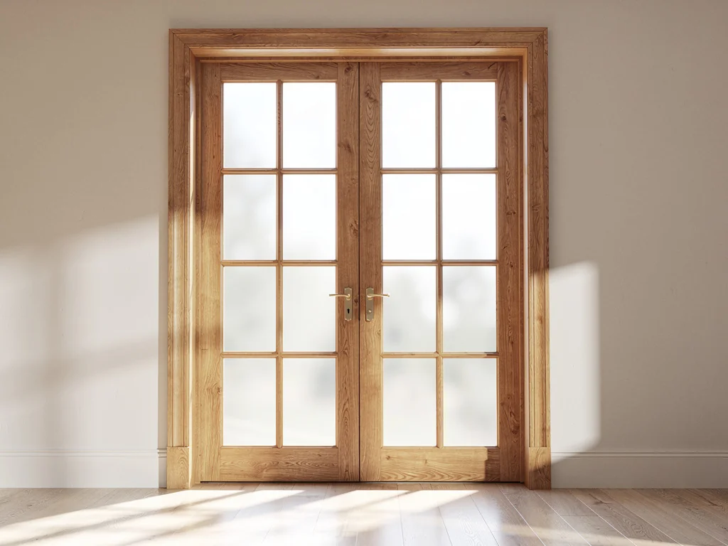 Porte-fenêtre bois sur mesure dans une pièce lumineuse